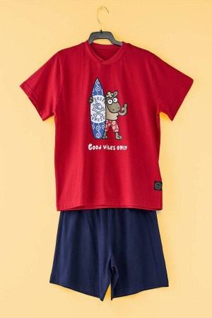 pijama-niño-color-rojo-estampado-frontal-pantalon-cuadros-kukumusu-3173