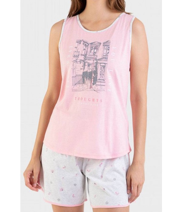 pijama-mujer-verano-algodón-tirantes-short-rosa-cuello-redondo-Massana-P221245