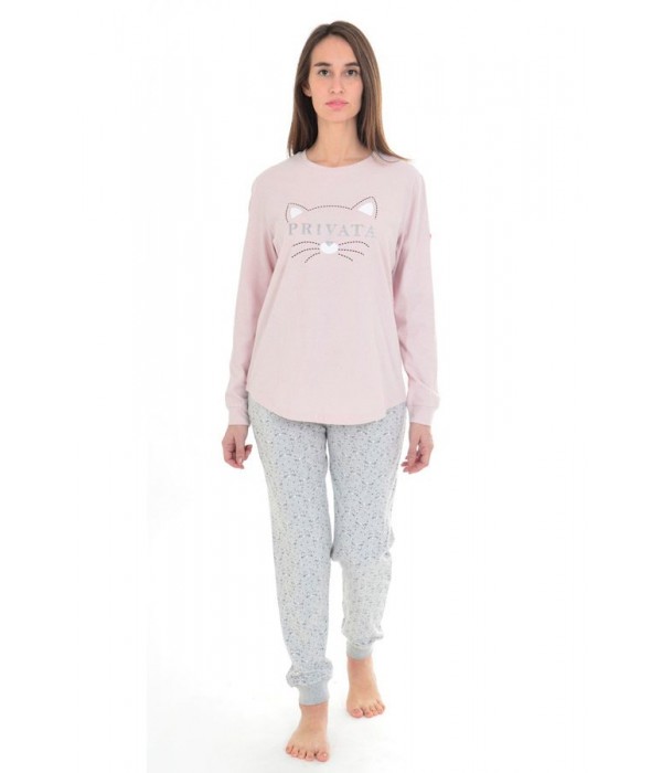 Cilios Activamente Huérfano Pijama "gatito" para mujer en color rosa y gris de Privata