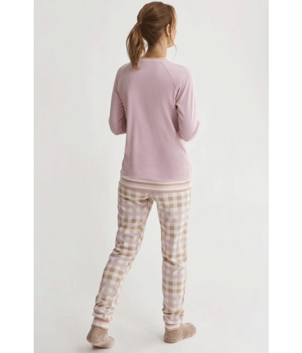 Pijama mujer color rosa palo y pantalón estampado a cuadros Retro